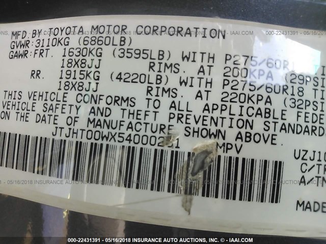 JTJHT00WX54000261 - 2005 LEXUS LX 470 GRAY photo 9