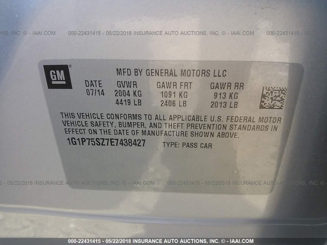 1G1P75SZ7E7438427 - 2014 CHEVROLET CRUZE SILVER photo 9