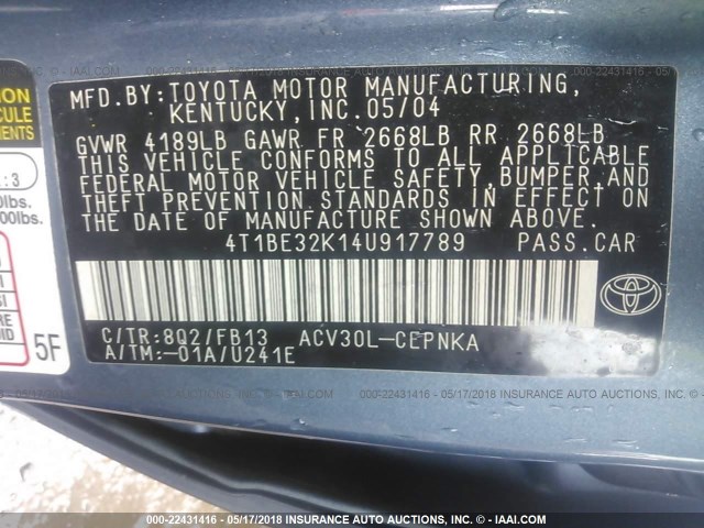 4T1BE32K14U917789 - 2004 TOYOTA CAMRY LE/XLE/SE ღია ლურჯი ფოტო 9