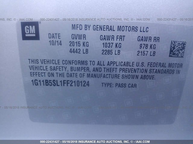 1G11B5SL1FF210124 - 2015 CHEVROLET MALIBU LS 银色 照片 9