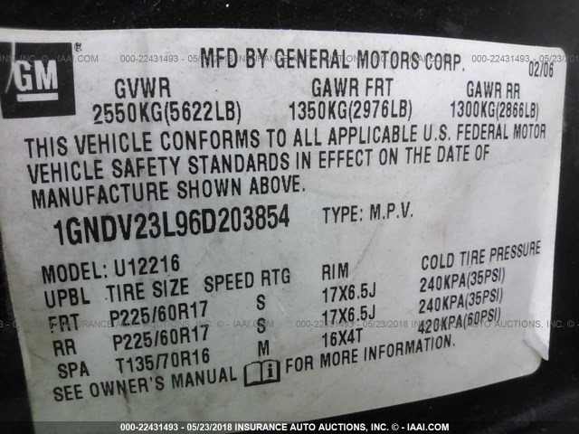 1GNDV23L96D203854 - 2006 CHEVROLET UPLANDER LS 深蓝色 照片 9
