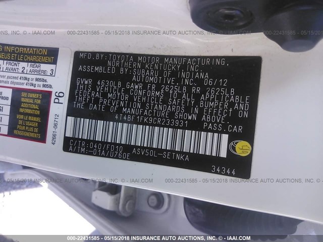 4T4BF1FK9CR233931 - 2012 TOYOTA CAMRY SE/LE/XLE 白色 照片 9