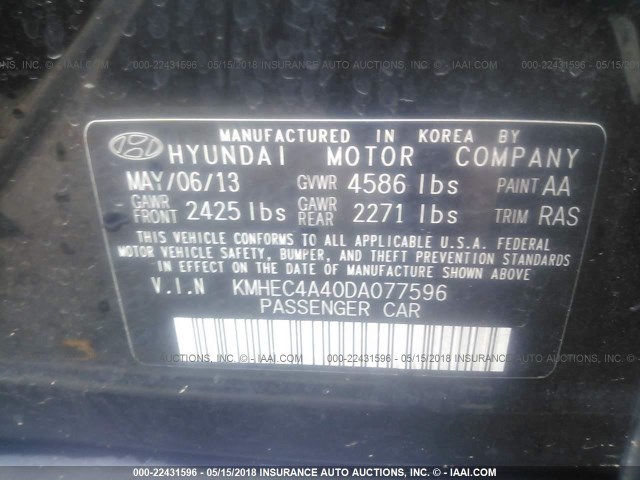 KMHEC4A40DA077596 - 2013 HYUNDAI SONATA HYBRID BLACK photo 9