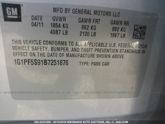 1G1PF5S91B7251876 - 2011 CHEVROLET CRUZE LT SILVER photo 9