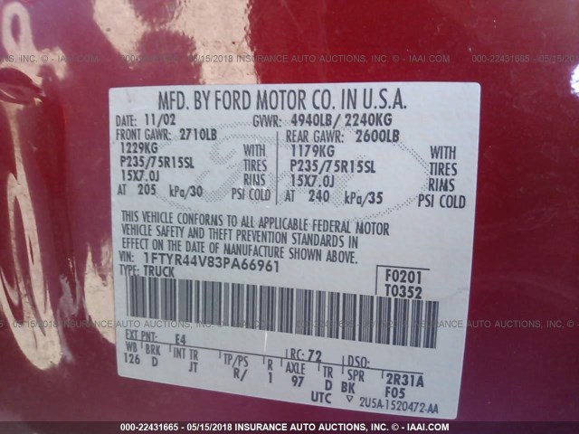 1FTYR44V83PA66961 - 2003 FORD RANGER SUPER CAB RED photo 9