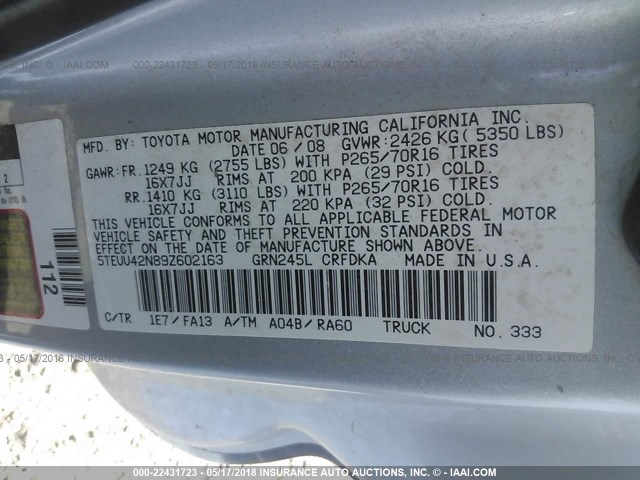 5TEUU42N89Z602163 - 2009 TOYOTA TACOMA ACCESS CAB Weiß Foto 9