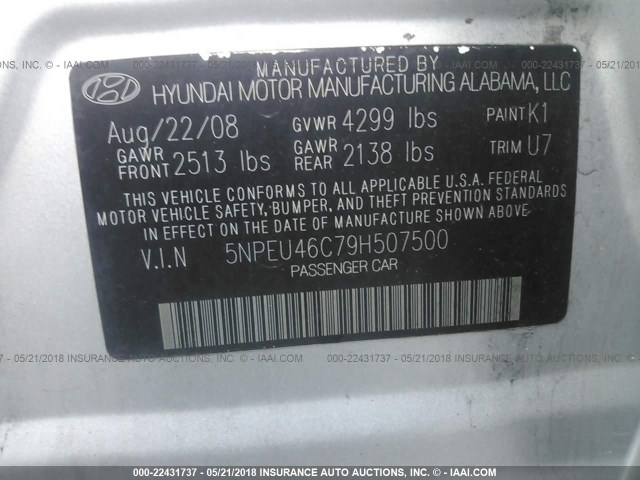 5NPEU46C79H507500 - 2009 HYUNDAI SONATA SE/LIMITED SILVER photo 9