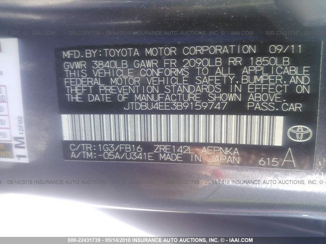 JTDBU4EE3B9159747 - 2011 TOYOTA COROLLA S/LE GRAY photo 9