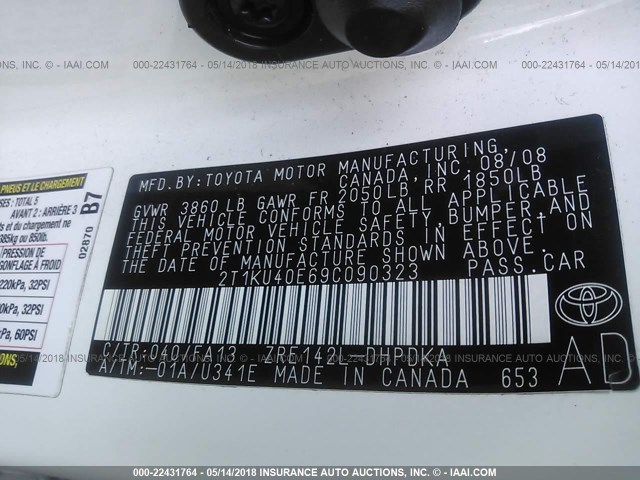 2T1KU40E69C090323 - 2009 TOYOTA COROLLA MATRIX  WHITE photo 9