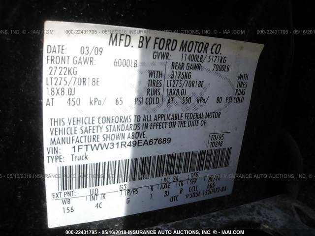 1FTWW31R49EA67689 - 2009 FORD F350 SUPER DUTY BLACK photo 10