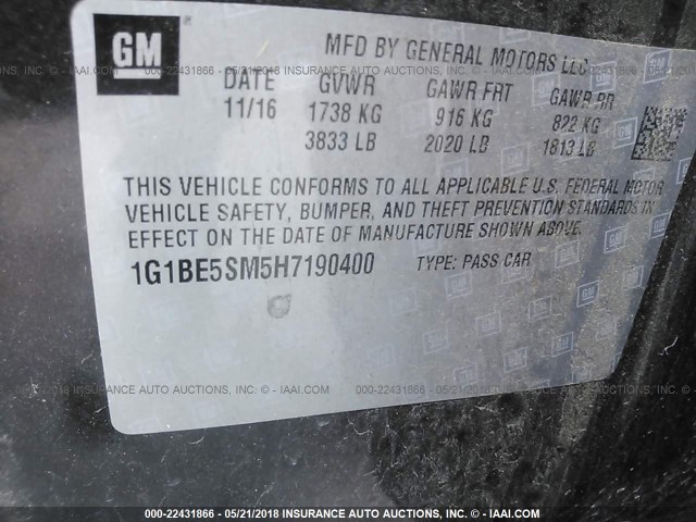 1G1BE5SM5H7190400 - 2017 CHEVROLET CRUZE LT GRAY photo 9