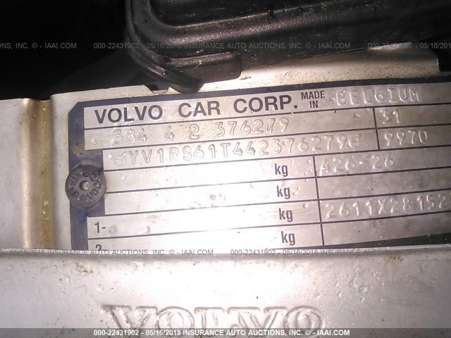 YV1RS61T442376279 - 2004 VOLVO S60 SILVER photo 9