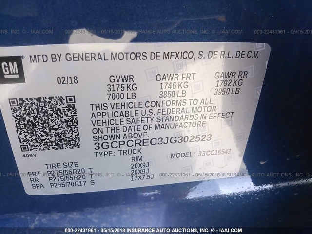 3GCPCREC3JG302523 - 2018 CHEVROLET SILVERADO C1500 LT BLUE photo 9