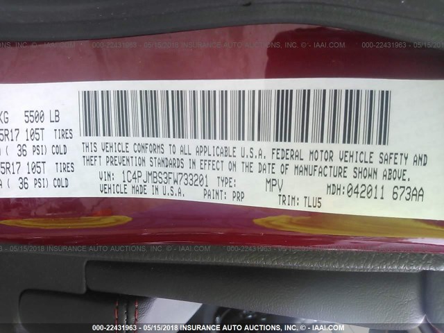 1C4PJMBS3FW733201 - 2015 JEEP CHEROKEE TRAILHAWK 红色 照片 9