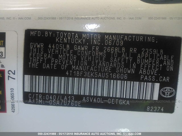 4T1BF3EK5AU516606 - 2010 TOYOTA CAMRY SE/LE/XLE 白色 照片 9