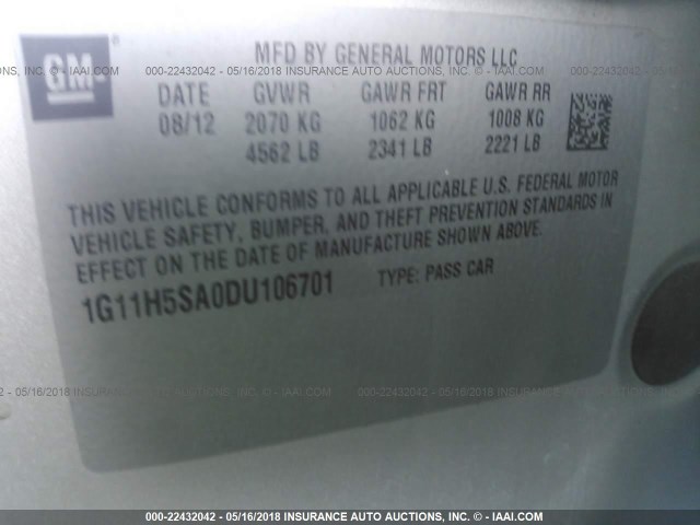 1G11H5SA0DU106701 - 2013 CHEVROLET MALIBU LTZ 银色 照片 9