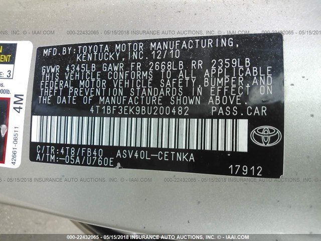 4T1BF3EK9BU200482 - 2011 TOYOTA CAMRY SE/LE/XLE GOLD photo 9