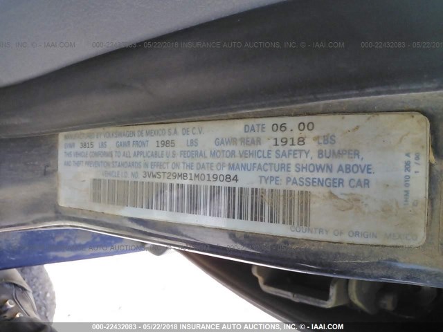 3VWST29M81M019084 - 2001 VOLKSWAGEN JETTA GLS BLUE photo 9