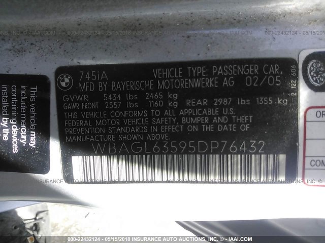 WBAGL63595DP76432 - 2005 BMW 745 I SILVER photo 9