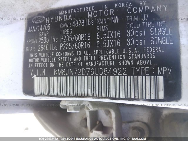 KM8JN72D76U384922 - 2006 HYUNDAI TUCSON GLS/LIMITED WHITE photo 9