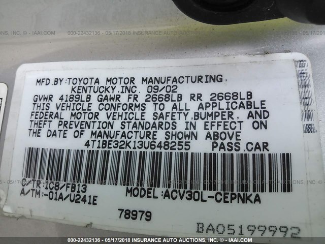 4T1BE32K13U648255 - 2003 TOYOTA CAMRY LE/XLE/SE SILVER photo 9