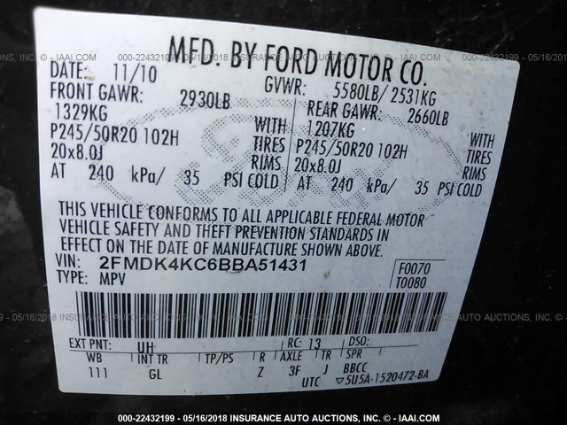 2FMDK4KC6BBA51431 - 2011 FORD EDGE LIMITED BLACK photo 9