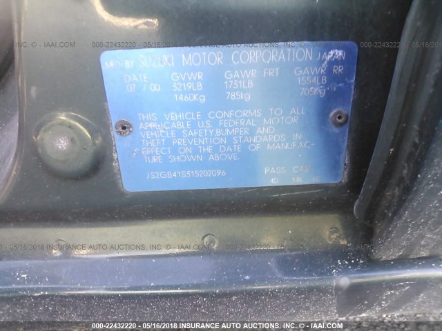 JS2GB41S315202096 - 2001 SUZUKI ESTEEM GL/GLX/GLX SPORT GREEN photo 9