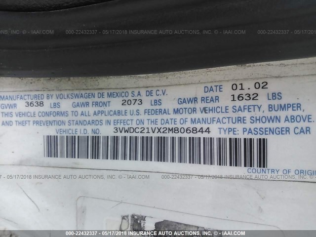 3VWDC21VX2M806844 - 2002 VOLKSWAGEN CABRIO GLX 白色 照片 9