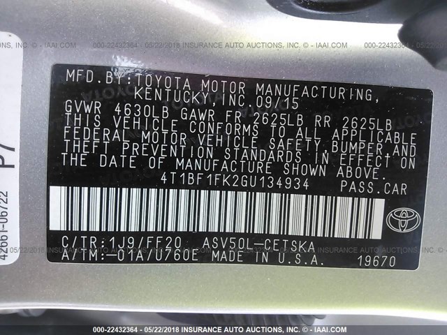 4T1BF1FK2GU134934 - 2016 TOYOTA CAMRY LE/XLE/SE/XSE SILVER photo 9