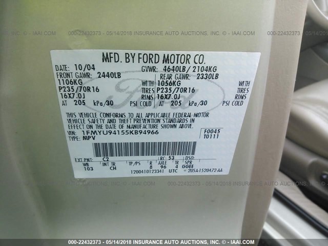 1FMYU94155KB94966 - 2005 FORD ESCAPE LIMITED TAN photo 9