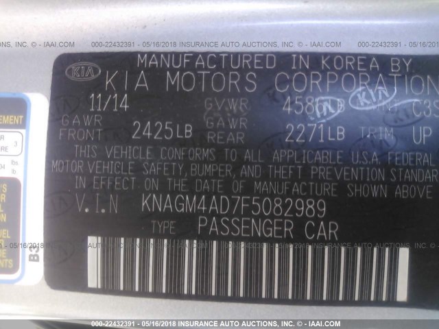 KNAGM4AD7F5082989 - 2015 KIA OPTIMA HYBRID GRAY photo 9