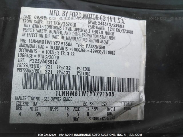 1LNHM81W1YY791608 - 2000 LINCOLN TOWN CAR EXECUTIVE Черный фото 9