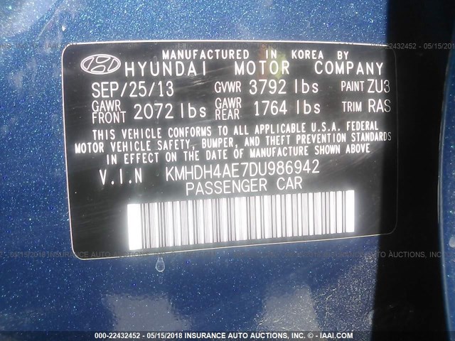 KMHDH4AE7DU986942 - 2013 HYUNDAI ELANTRA GLS/LIMITED BLUE photo 9