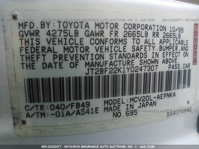 JT2BF22K1Y0247307 - 2000 TOYOTA CAMRY CE/LE/XLE WHITE photo 9