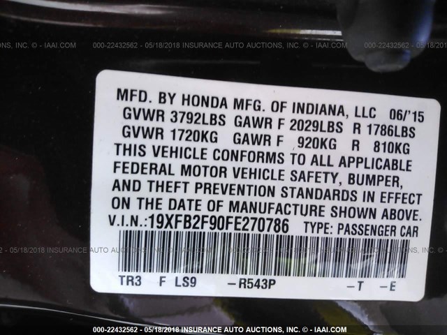 19XFB2F90FE270786 - 2015 HONDA CIVIC EXL RED photo 9