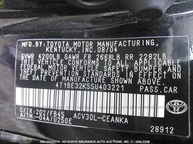 4T1BE32K55U403221 - 2005 TOYOTA CAMRY LE/XLE/SE შავი ფოტო 9