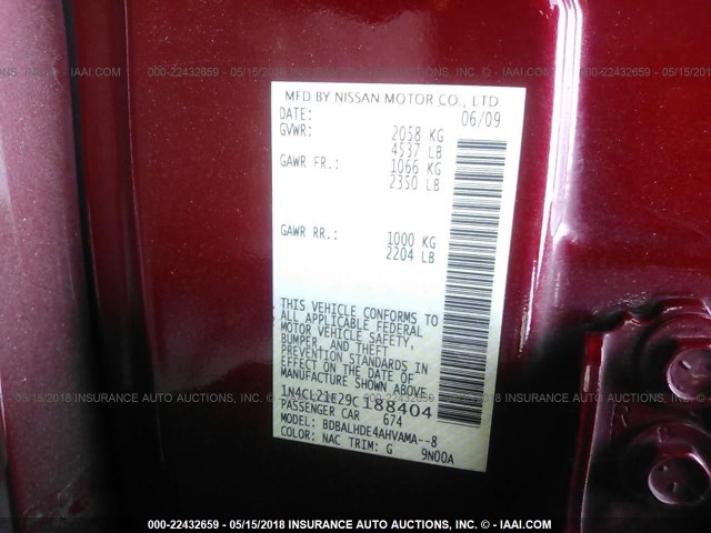 1N4CL21E29C188404 - 2009 NISSAN ALTIMA HYBRID RED photo 9