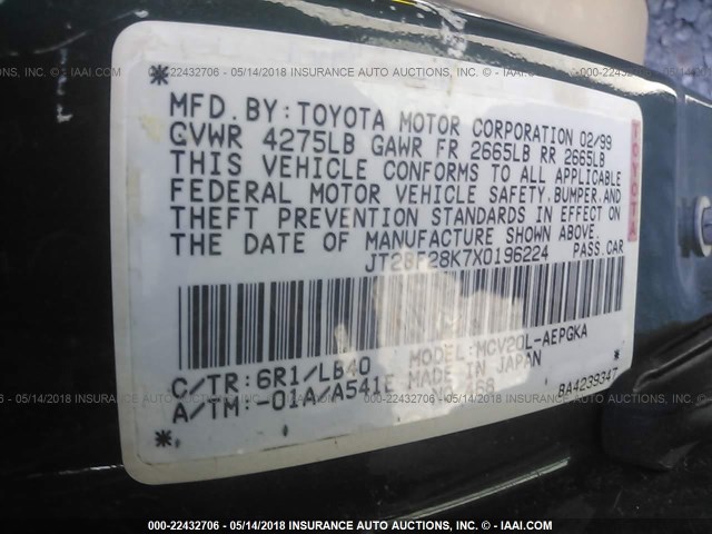 JT2BF28K7X0196224 - 1999 TOYOTA CAMRY LE/XLE Grün Foto 9