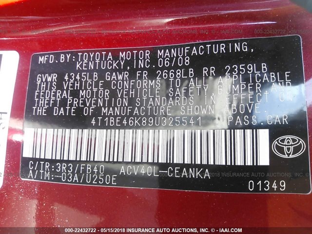 4T1BE46K89U325541 - 2009 TOYOTA CAMRY SE/LE/XLE 红色 照片 9