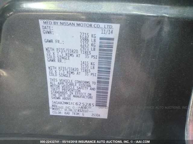 5N1AR2MM1FC625285 - 2015 NISSAN PATHFINDER S/SV/SL/PLATINUM 灰色 照片 9