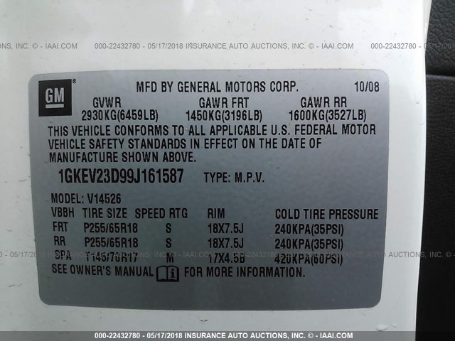 1GKEV23D99J161587 - 2009 GMC ACADIA SLT-1 Білий фото 9