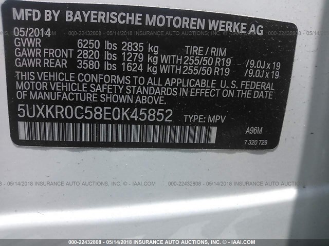 5UXKR0C58E0K45852 - 2014 BMW X5 XDRIVE35I WHITE photo 9