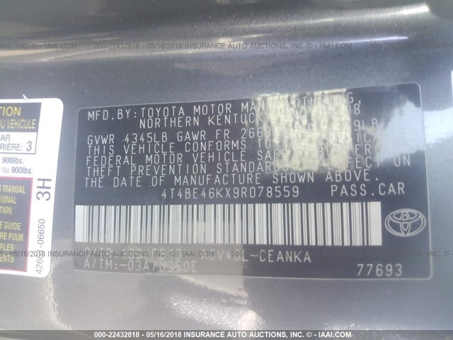 4T4BE46KX9R078559 - 2009 TOYOTA CAMRY SE/LE/XLE 灰色 照片 9