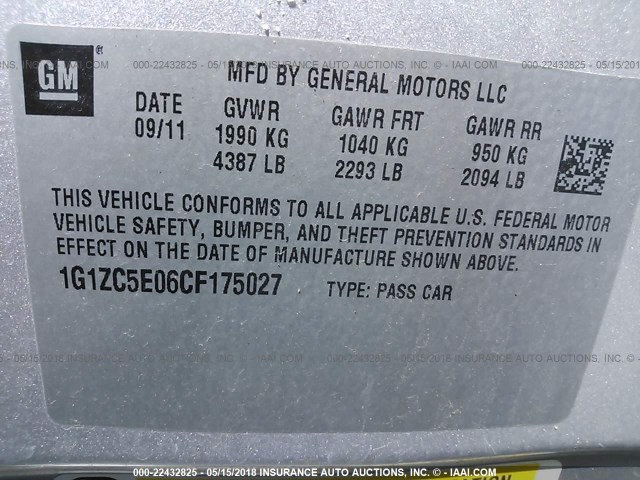 1G1ZC5E06CF175027 - 2012 CHEVROLET MALIBU 1LT 银色 照片 9