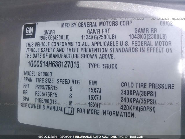 1GCCS14H638127015 - 2003 CHEVROLET S TRUCK S10 GRAY photo 9