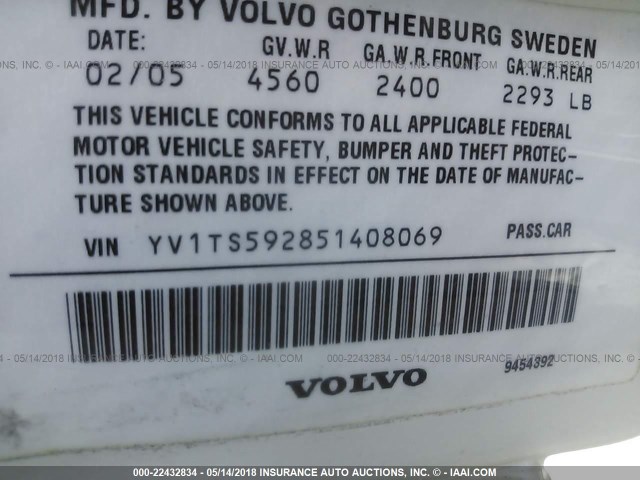 YV1TS592851408069 - 2005 VOLVO S80 2.5T WHITE photo 9