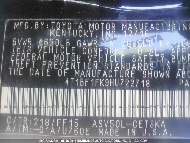 4T1BF1FK9HU722718 - 2017 TOYOTA CAMRY LE/XLE/SE/XSE BLACK photo 9