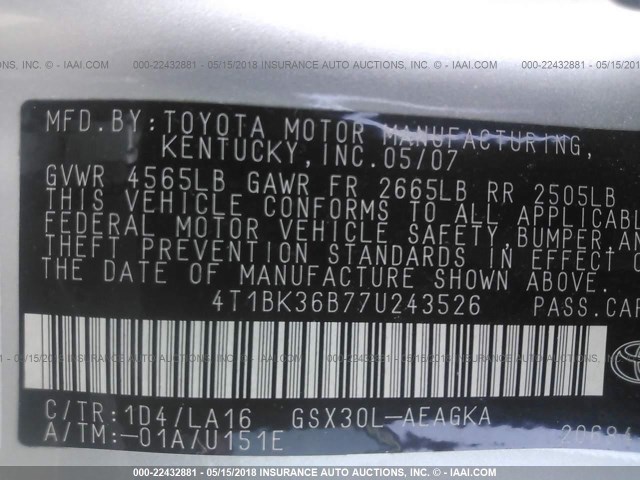 4T1BK36B77U243526 - 2007 TOYOTA AVALON XL/XLS/TOURING/LIMITED SILVER photo 9