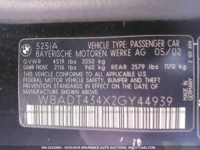 WBADT434X2GY44939 - 2002 BMW 525 I AUTOMATIC 黑色 照片 9