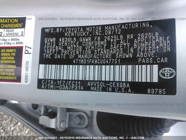 4T1BD1FK8CU047751 - 2012 TOYOTA CAMRY HYBRID/LE/XLE SILVER photo 9